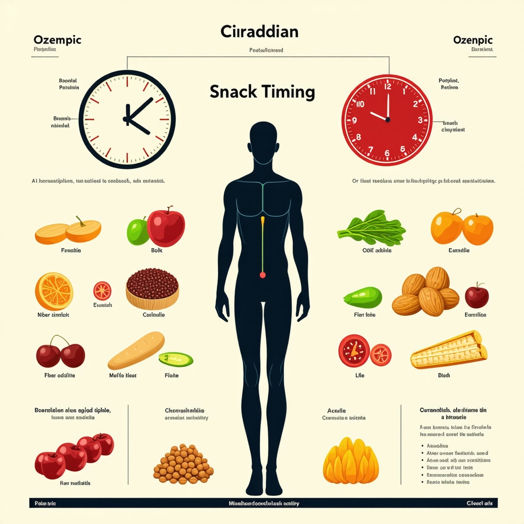 Infographic showing snack timing synced with body clock and Ozempic medication peak for weight loss optimization