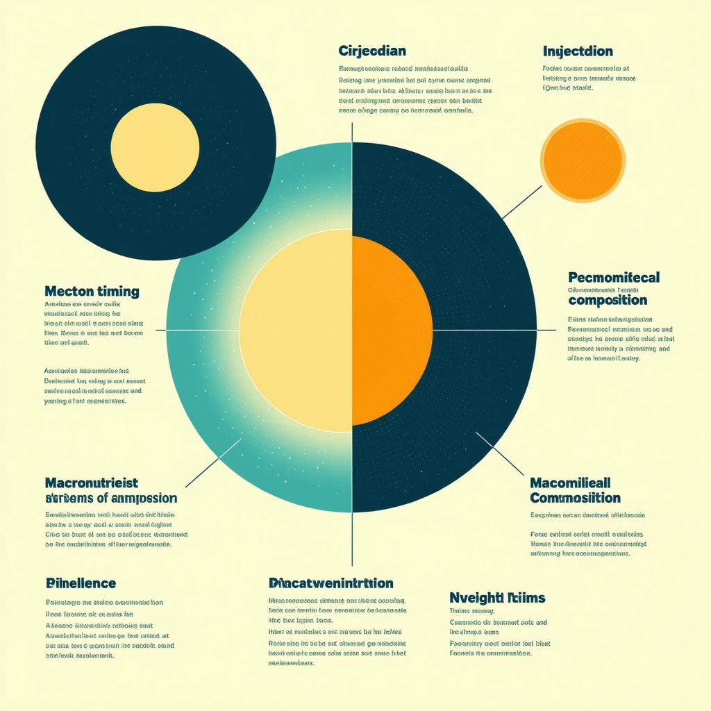 Infographic showing circadian rhythm, nutrition, and psychological techniques for managing injectable weight loss side effects