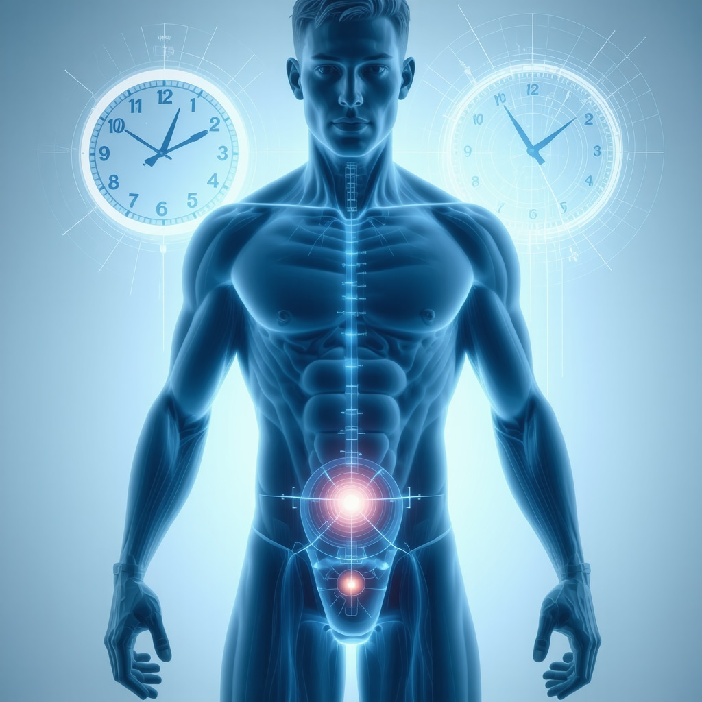 Human body highlighting injection sites with clock overlay for circadian rhythm alignment