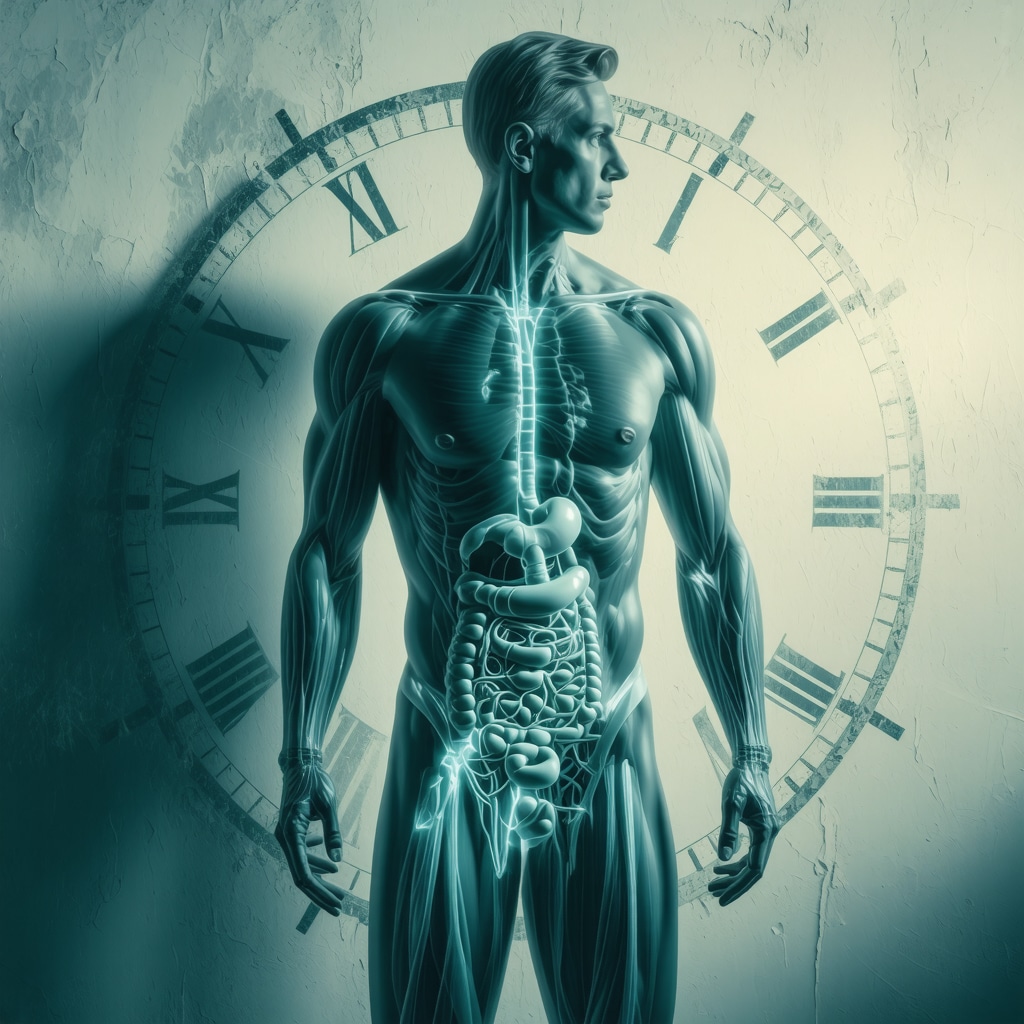 Clock and human body highlighting metabolic organs to illustrate tirzepatide injection timing and circadian rhythm alignment
