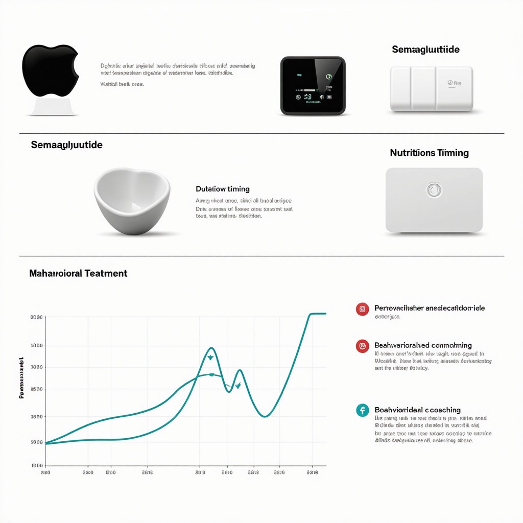 Infographic illustrating personalized semaglutide therapy integrating digital tools, nutrition timing, behavioral support, and weight loss progress