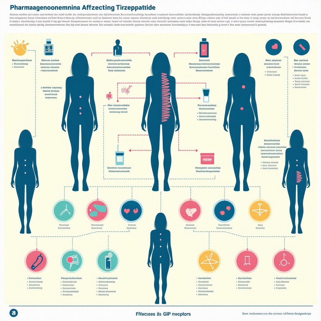 Infographic showing genetic variants impacting tirzepatide response with diverse patient profiles and digital health symbols