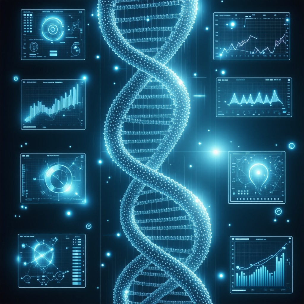 Illustration depicting DNA helix, GLP-1 molecules, and digital health devices representing personalized GLP-1 medication strategies