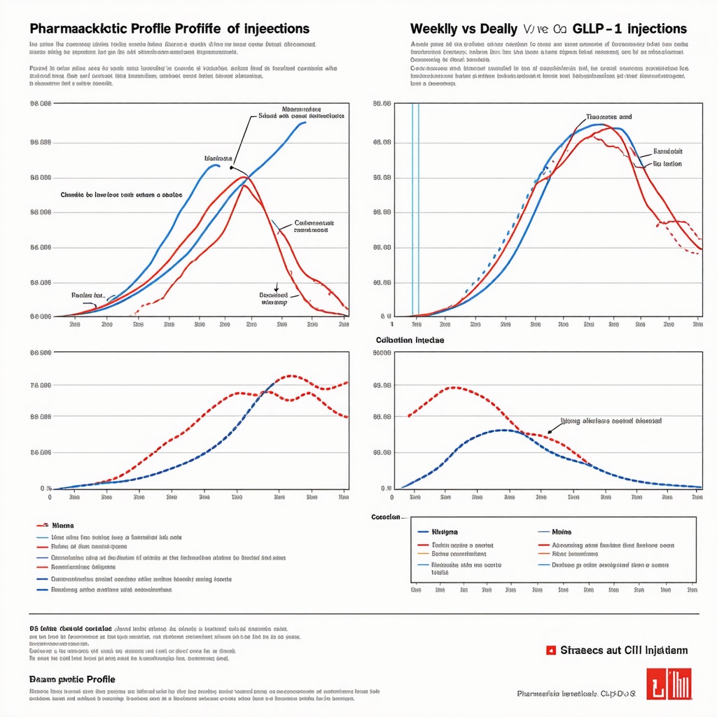 Infographic comparing plasma concentration curves of weekly and daily GLP-1 injections with meal and circadian timing