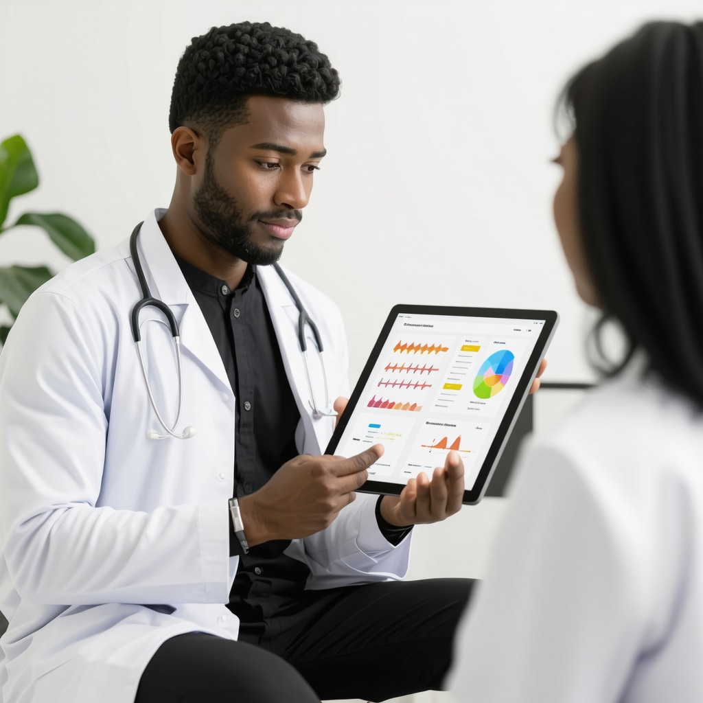 Physician using digital tablet to review patient genetic and metabolic profile during injectable weight loss consultation