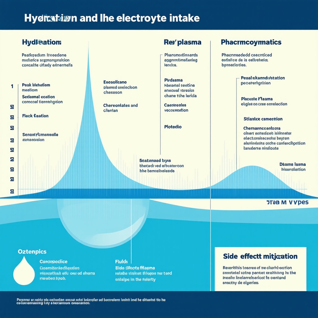 Infographic depicting hydration timing and electrolyte balance aligned with Ozempic injection cycle to optimize weight loss and reduce side effects.
