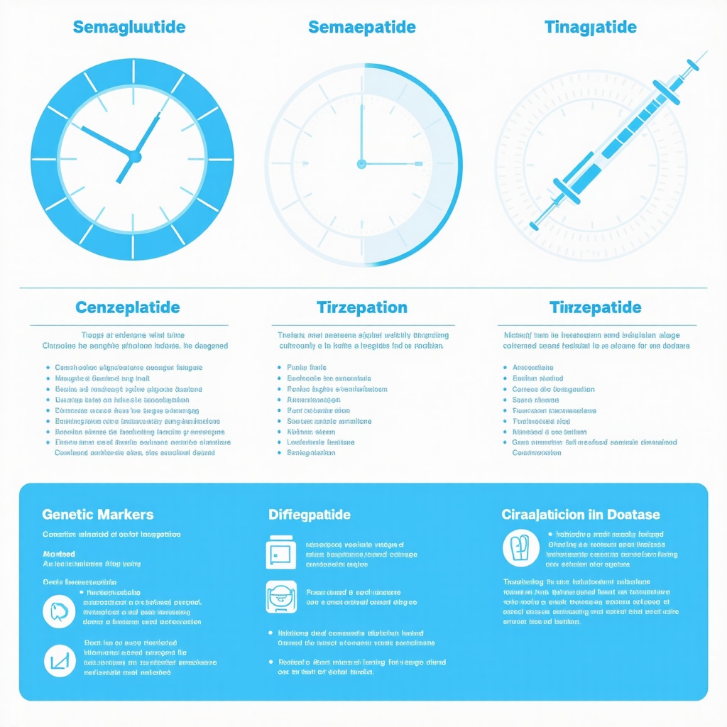 Infographic showing circadian dosing schedules, genetic factors affecting injectable weight loss therapy, and digital monitoring tools