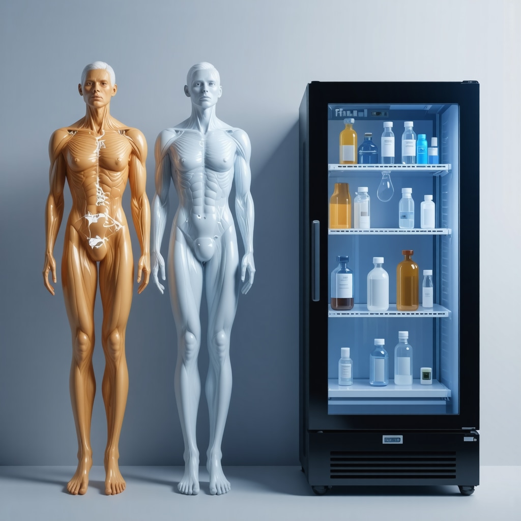 Infographic showing injection site rotation on human body and smart medication storage with temperature and humidity monitoring