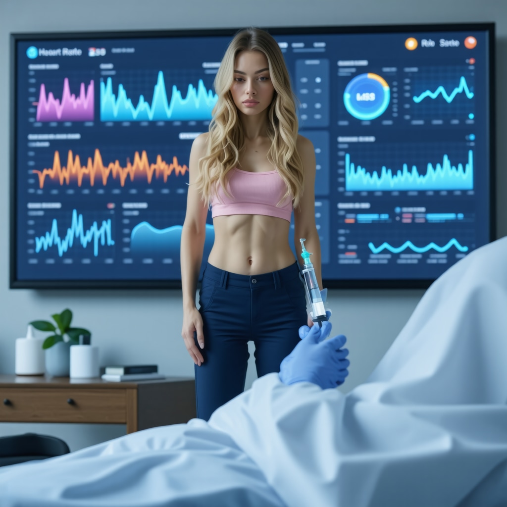 A digital dashboard showing biometric data alongside a person administering a weight loss injection