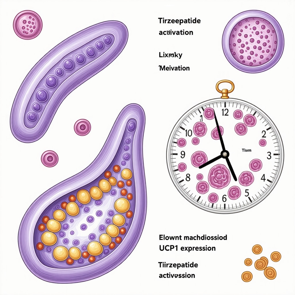 Illustration showing Tirzepatide-induced brown adipose tissue activation with circadian timing