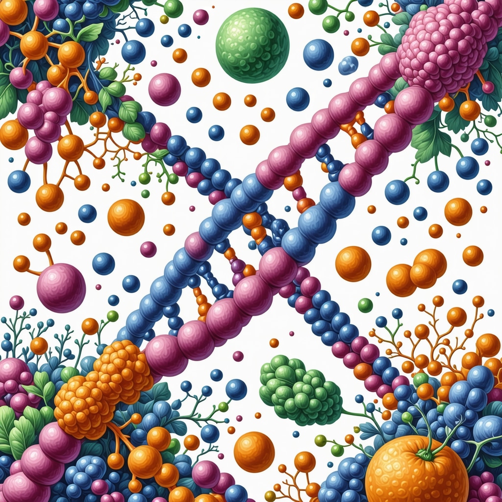 DNA strands, nutrient molecules, and gut bacteria illustrating nutrigenomics and microbiome modulation in weight loss