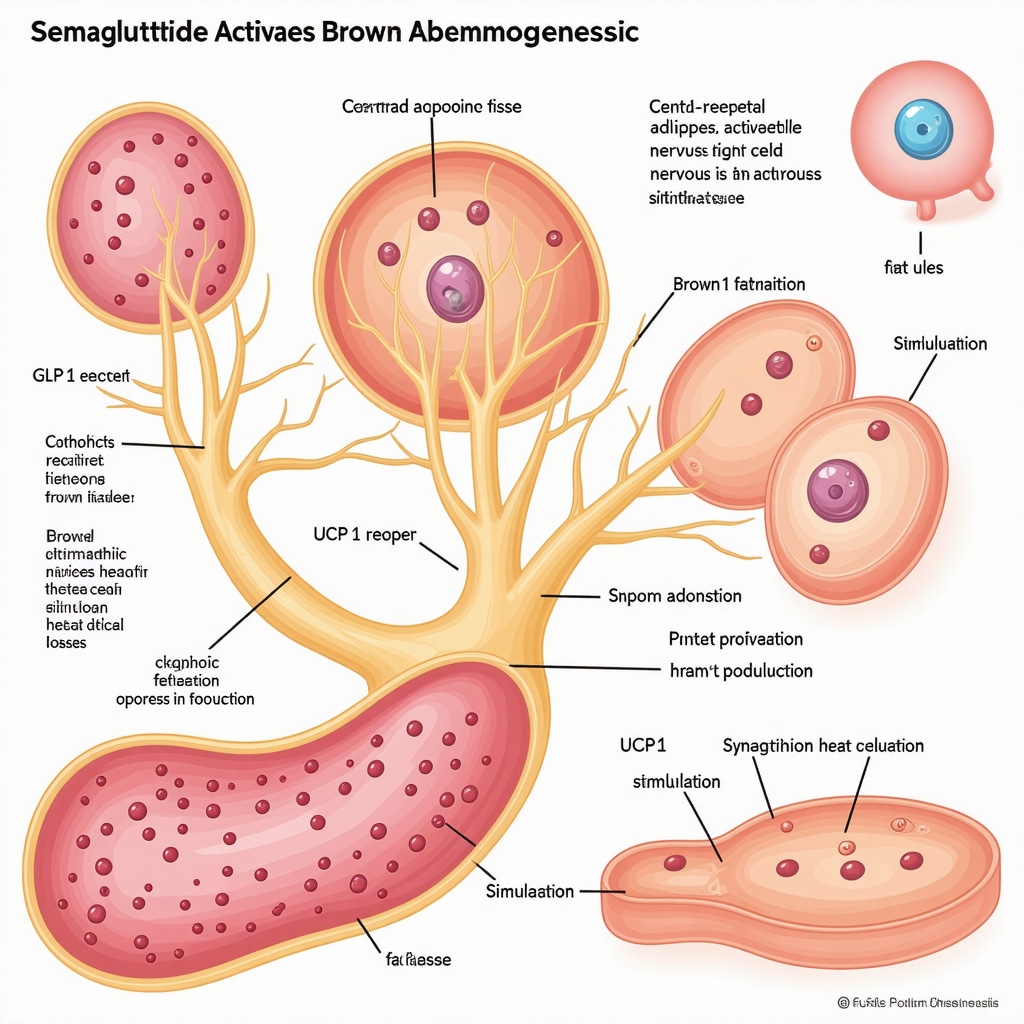 Infographic depicting semaglutide's activation of brown adipose tissue thermogenesis through GLP-1 receptor and sympathetic nervous system pathways