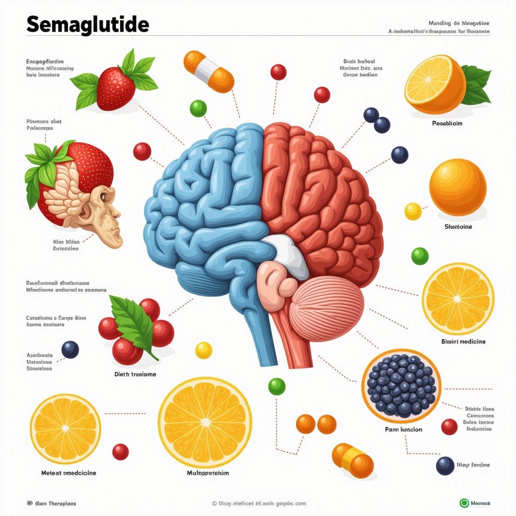 Infographic showing semaglutide's effects on metabolism, brain, and personalized treatment strategies