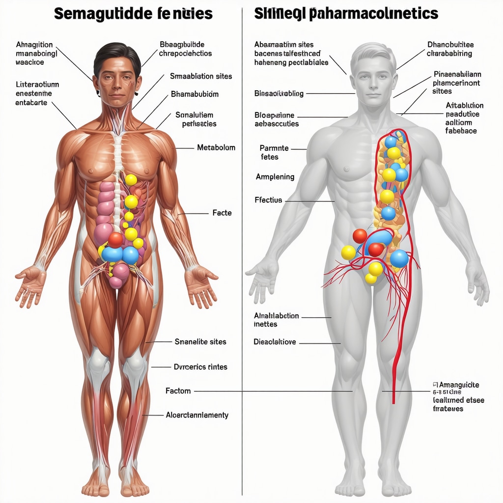 Infographic showing semaglutide absorption, metabolism, and influence of genetics and lifestyle on drug efficacy