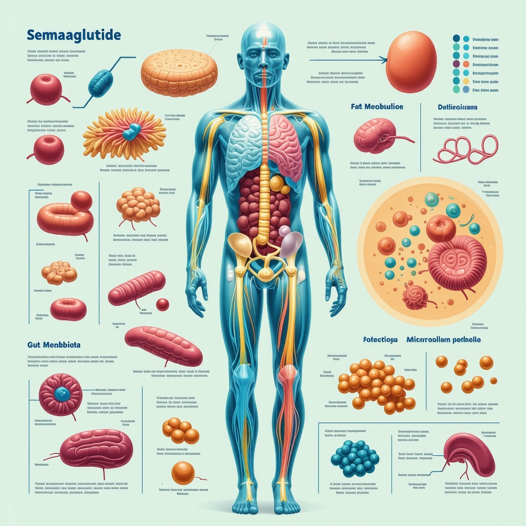 Infographic showing Semaglutide’s effects on gut microbiome, genetics, and fat metabolism pathways