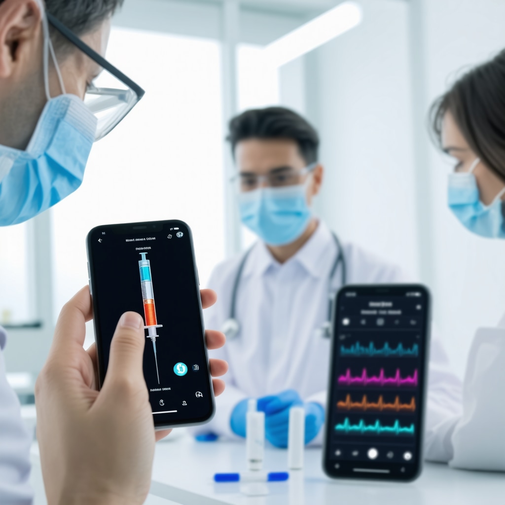 Digital smart injection device displaying real-time monitoring data of injection site parameters on smartphone in clinical environment