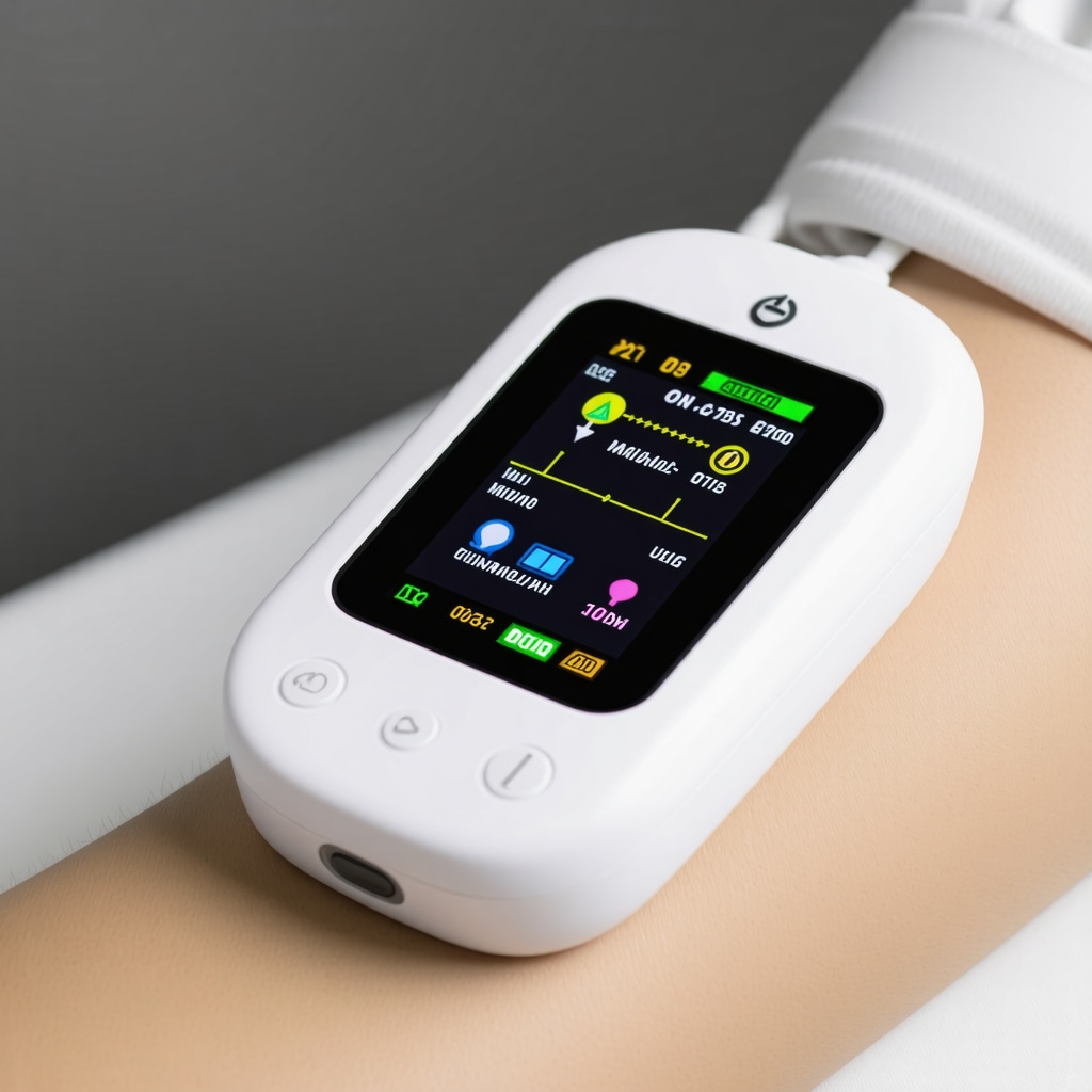 Smart injection device showing real-time monitoring of injection site parameters on patient's arm