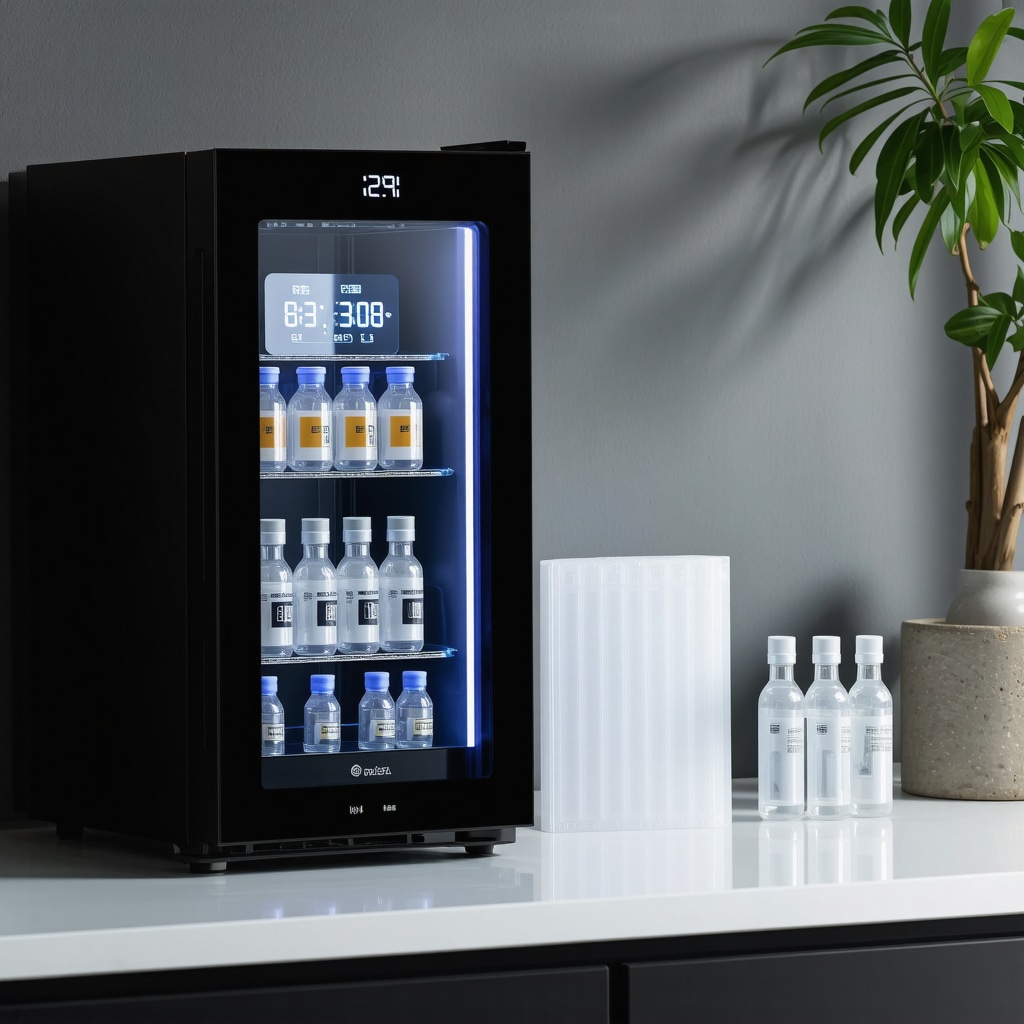 Smart refrigerator displaying temperature and humidity controls alongside UV-protective polymer packaging for weight loss injections