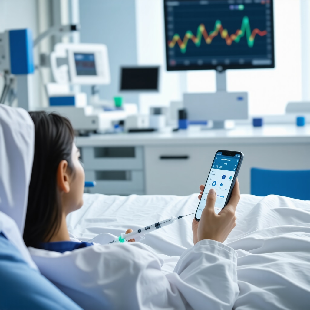 Patient using smart injection device linked to digital adherence app with real-time data visualization