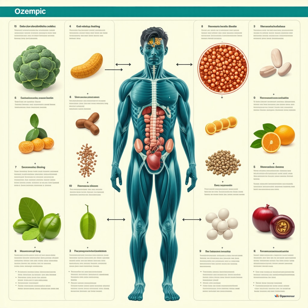 Infographic illustrating how exercise timing, gut microbiome, and hormonal balance enhance Ozempic's fat-burning effects