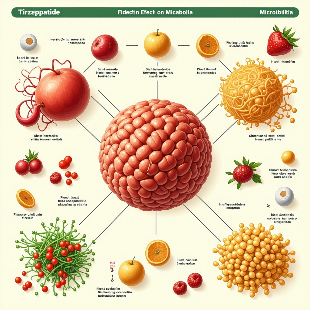 Infographic illustrating Tirzepatide’s interaction with gut microbiota and dietary fiber enhancing metabolism