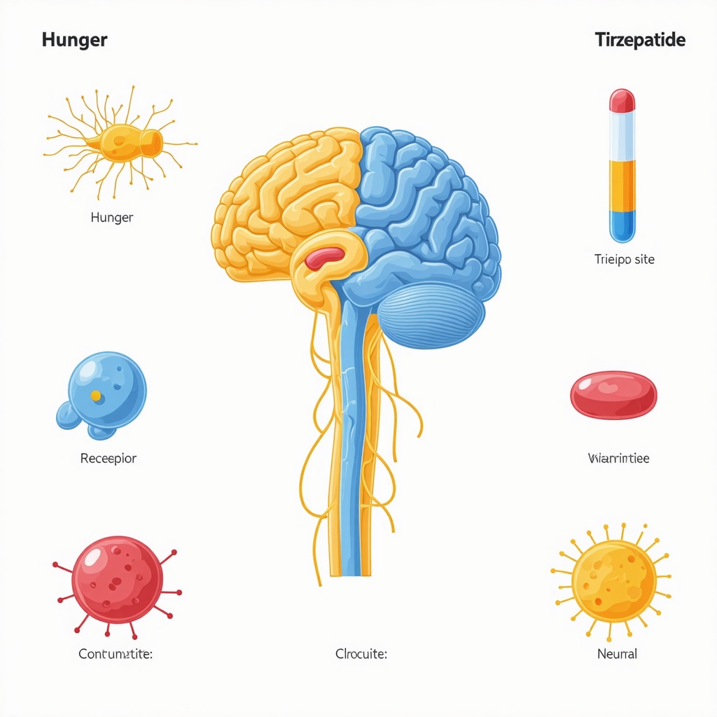 Infographic showing tirzepatide effects on gut-brain axis, appetite regulation, and behavioral conditioning