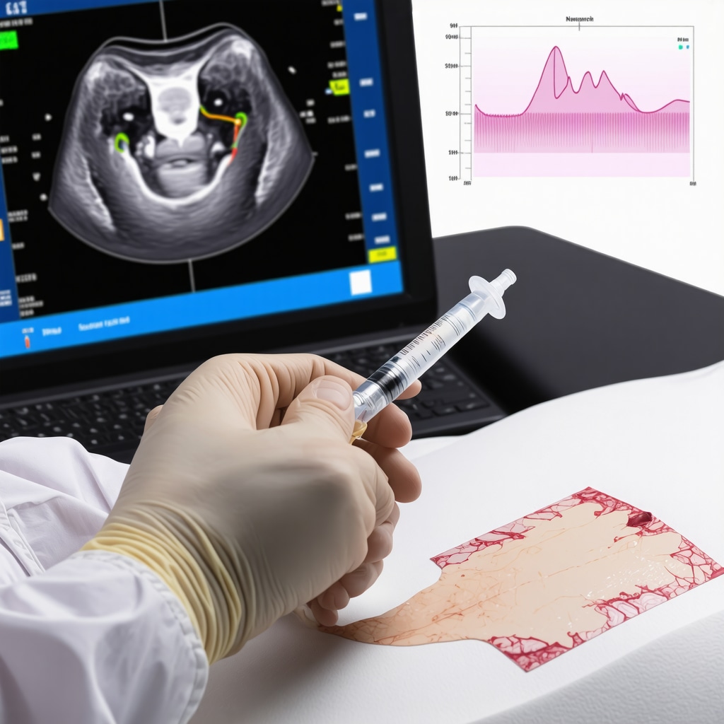 Healthcare professional using ultrasound and smart injection pen data to optimize injection site rotation in weight loss treatment