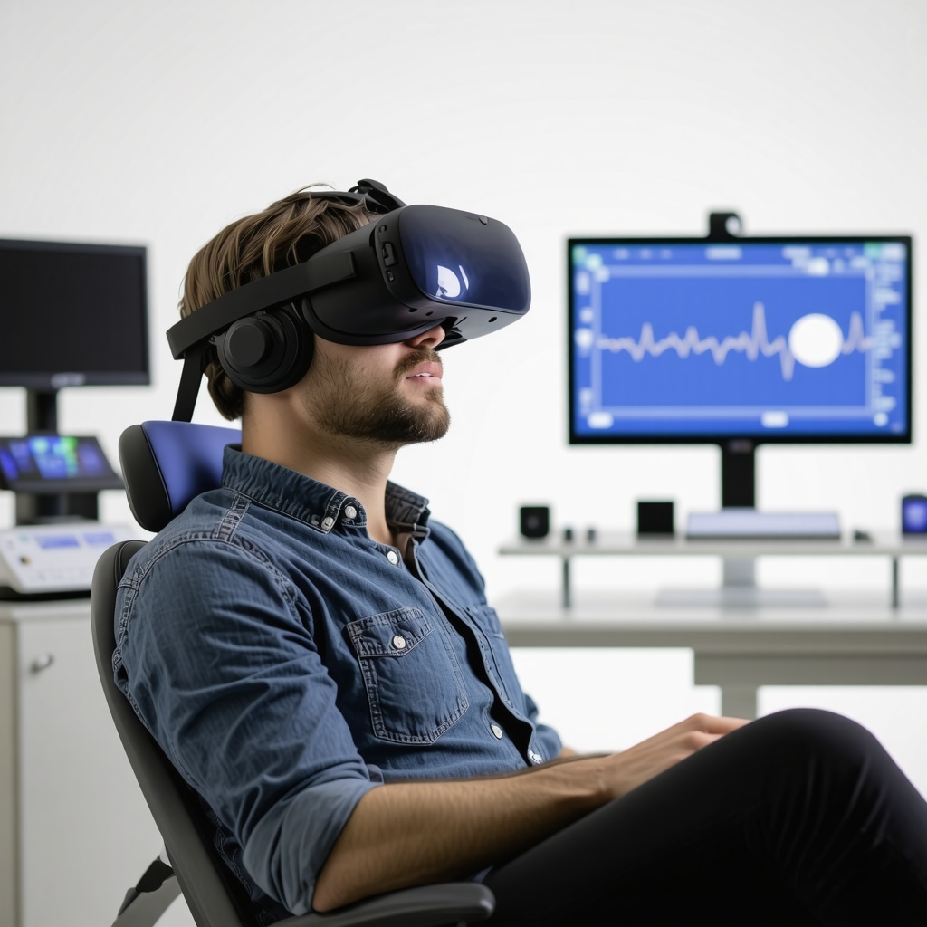 Patient undergoing VR therapy with biofeedback monitoring to reduce injection anxiety in weight loss treatment