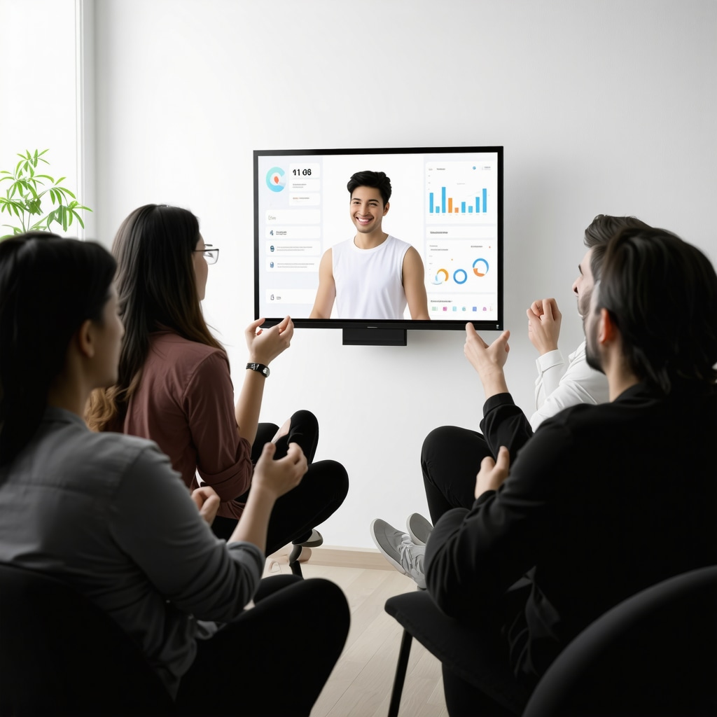 Group of diverse adults participating in virtual weight loss support session with health wearables and AI data visuals