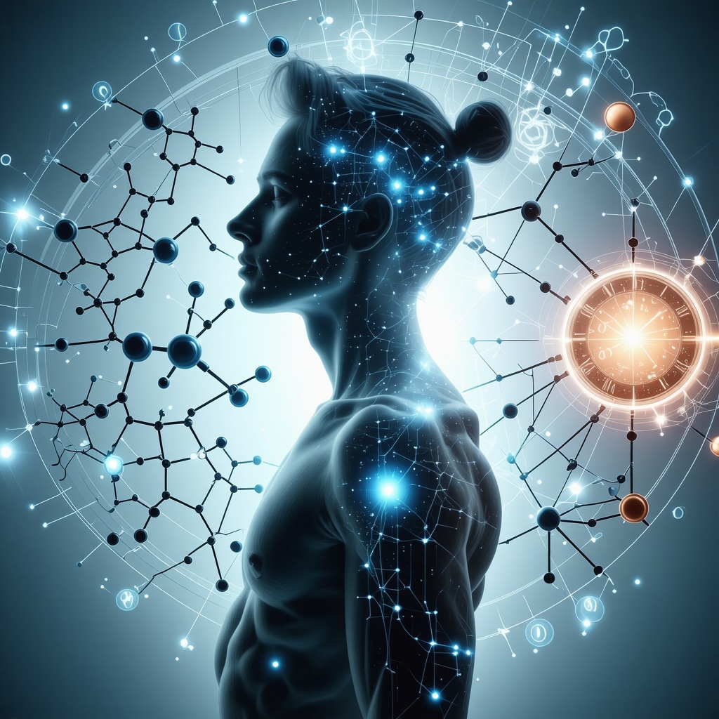 Human silhouette with molecular receptor icons and circadian clock overlay illustrating advanced GLP-1 combination therapies