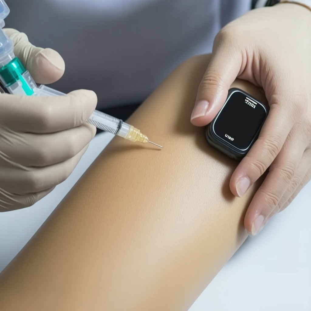 Person receiving injection with wearable biosensor monitoring skin parameters