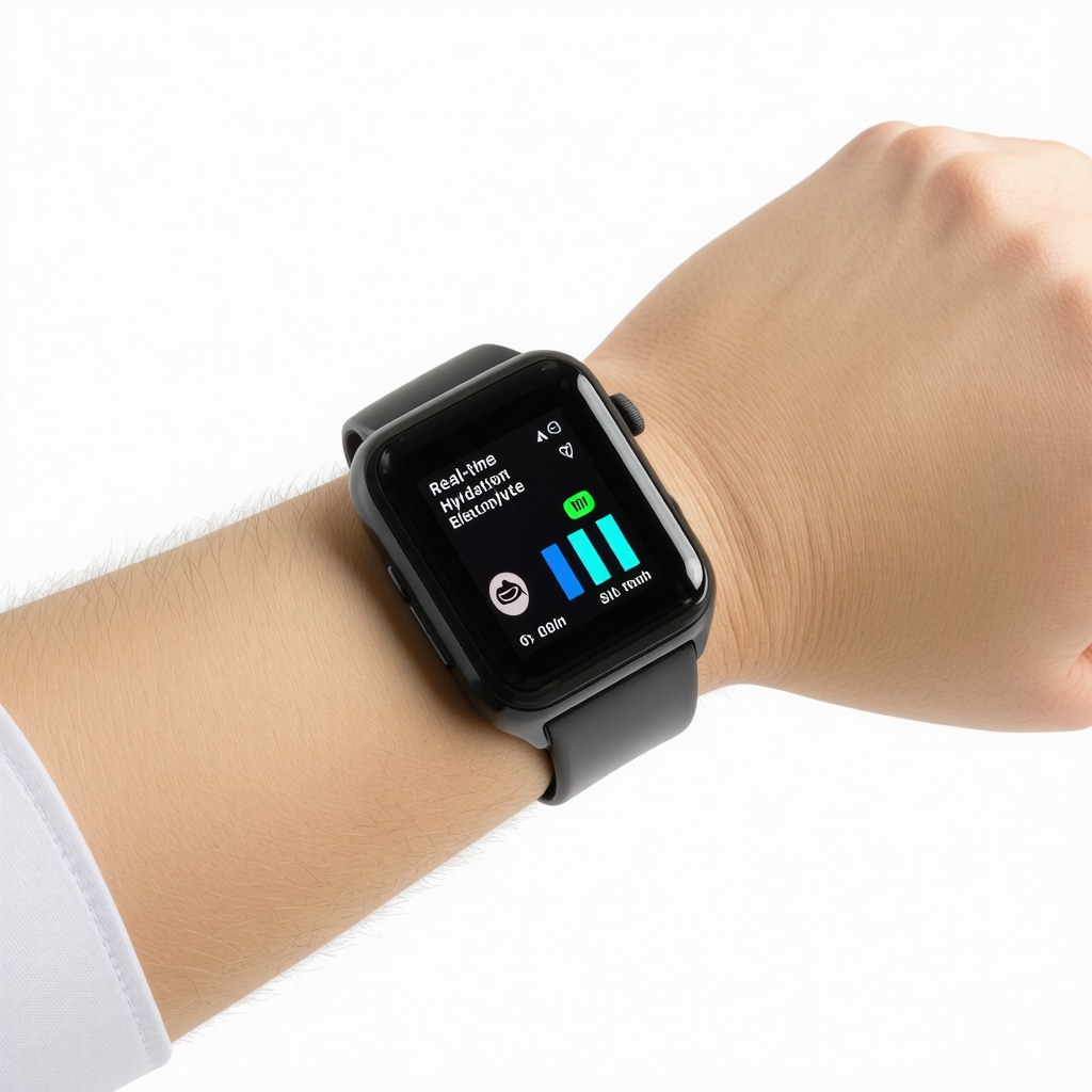 Wearable hydration sensor showing real-time hydration and electrolyte data in a clinical weight loss management context