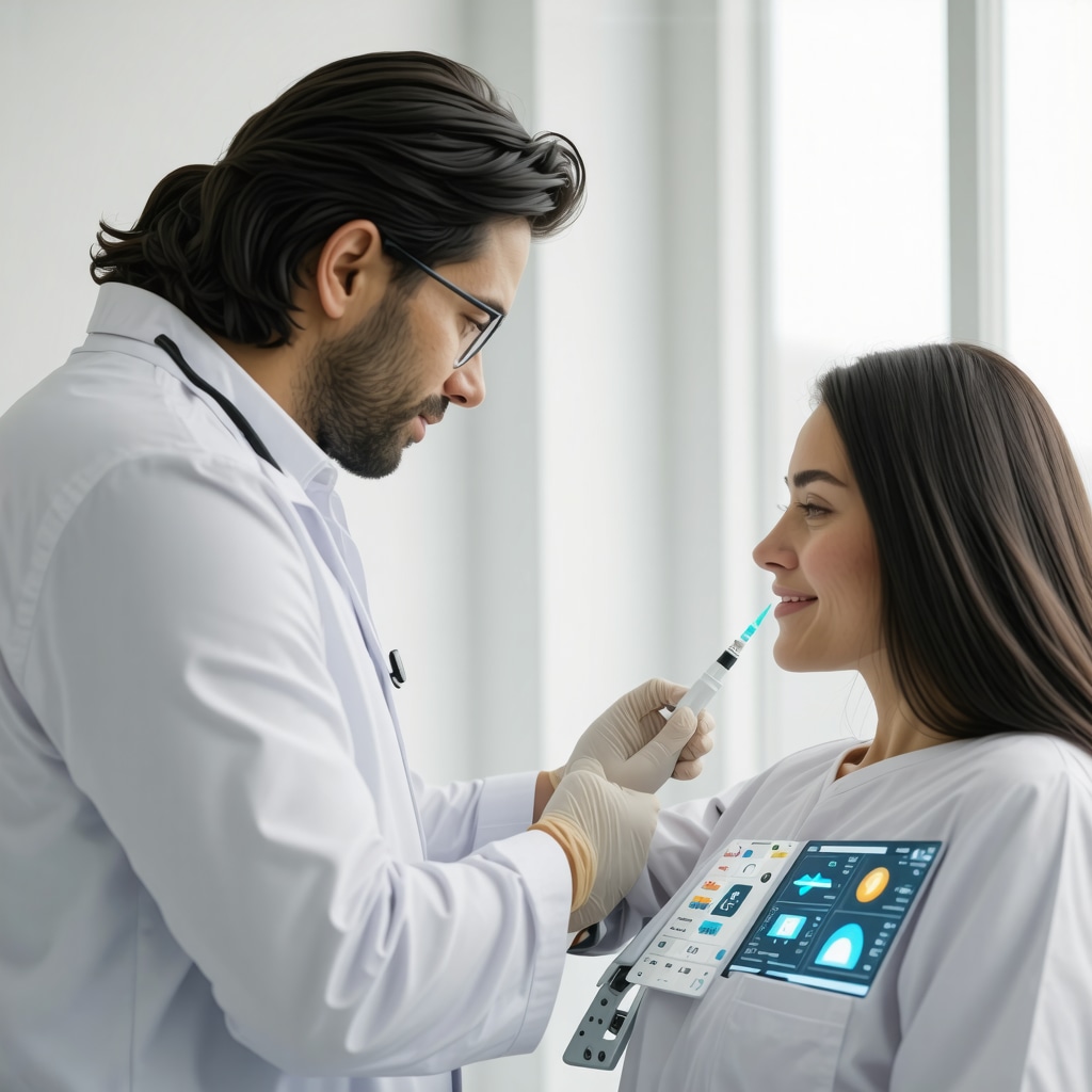Patient using smart injection pen linked to AI wearable device displaying adherence analytics