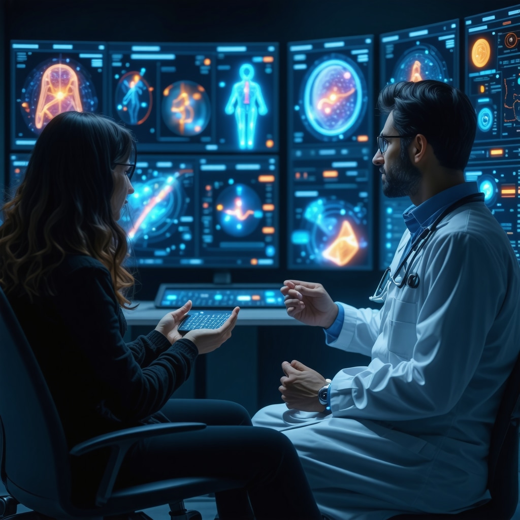 Patient and doctor using AI interface showing genetic and microbiome data for personalized weight loss treatment