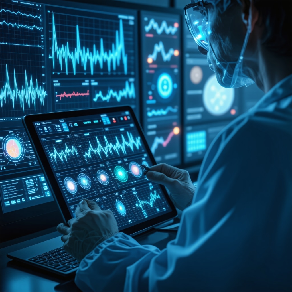 Healthcare professional reviewing AI-driven data combining pharmacogenomics, circadian rhythms, and biosensor feedback for optimizing weekly injection weight loss therapy