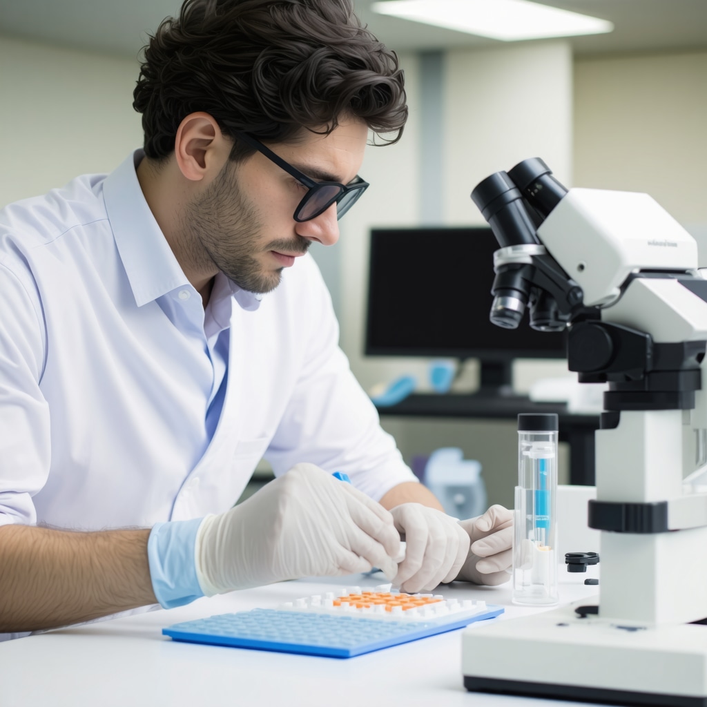 Doctor analyzing biomarkers using modern diagnostic equipment
