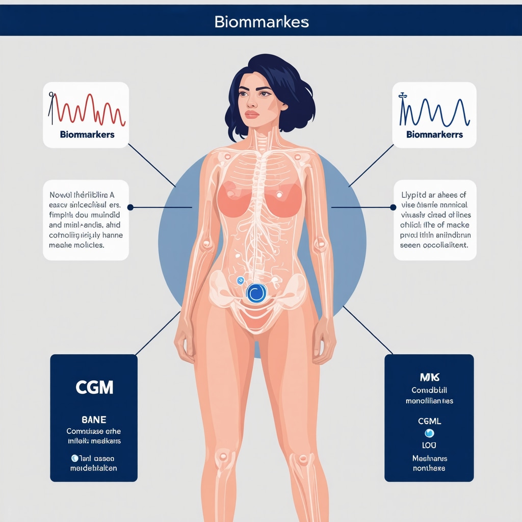 Illustration of biomarkers, AI, and CGM supporting personalized weight loss