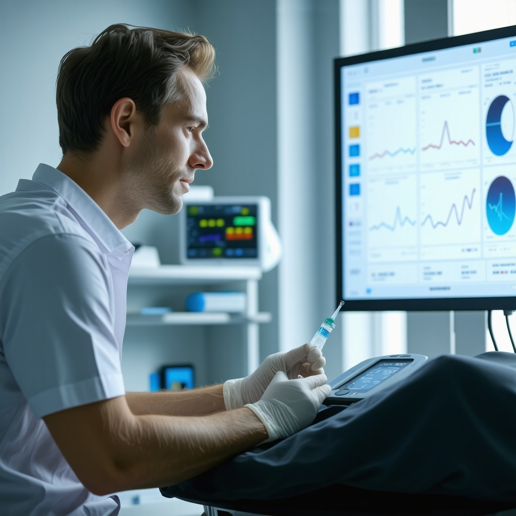Patient receiving GLP-1 injection with continuous glucose monitoring and digital personalized dose adjustment interface