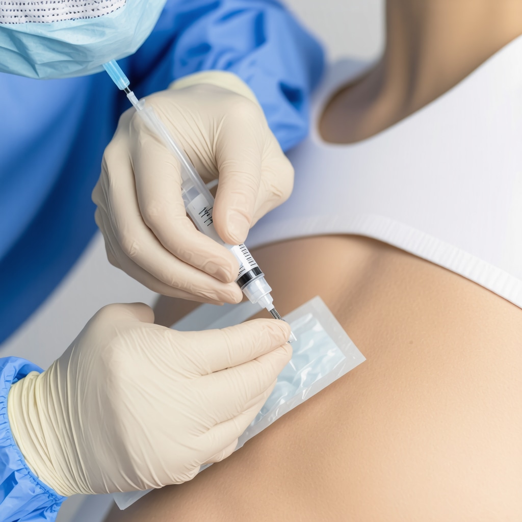 Medical professional applying cold pack to injection site in clinical setting