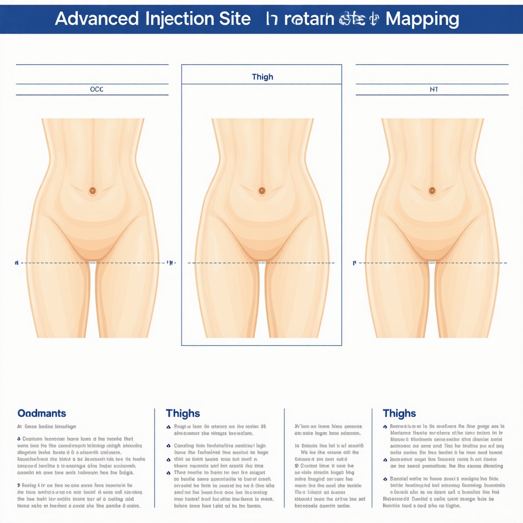 Diagram showing detailed injection site rotation zones on abdomen and thighs to prevent lipohypertrophy and improve injection outcomes