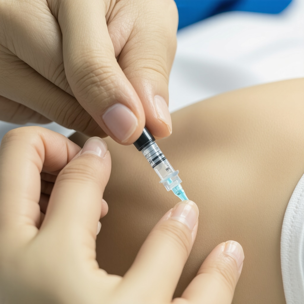 Healthcare professional demonstrating injection with fine needle