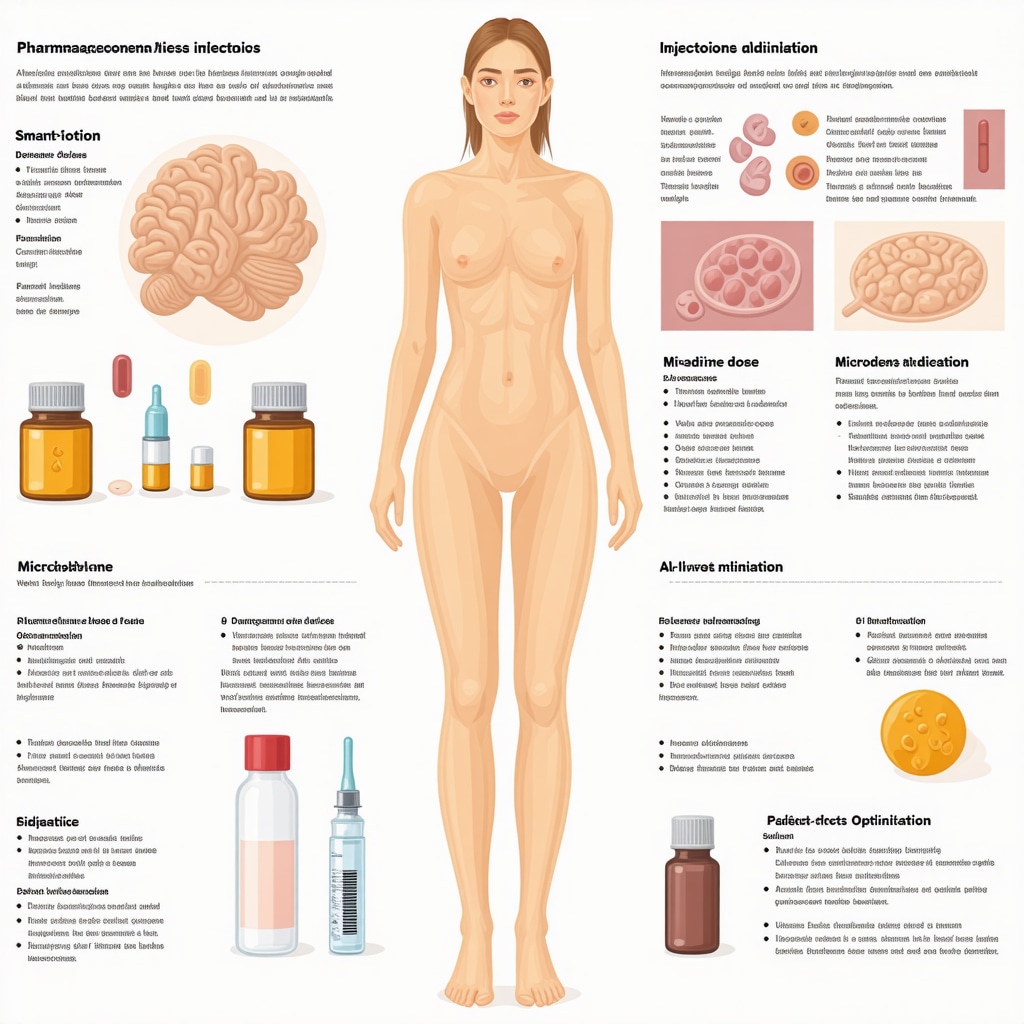 Infographic illustrating pharmacogenomics, smart injection devices, microbiome modulation, and AI dose optimization in injectable weight loss