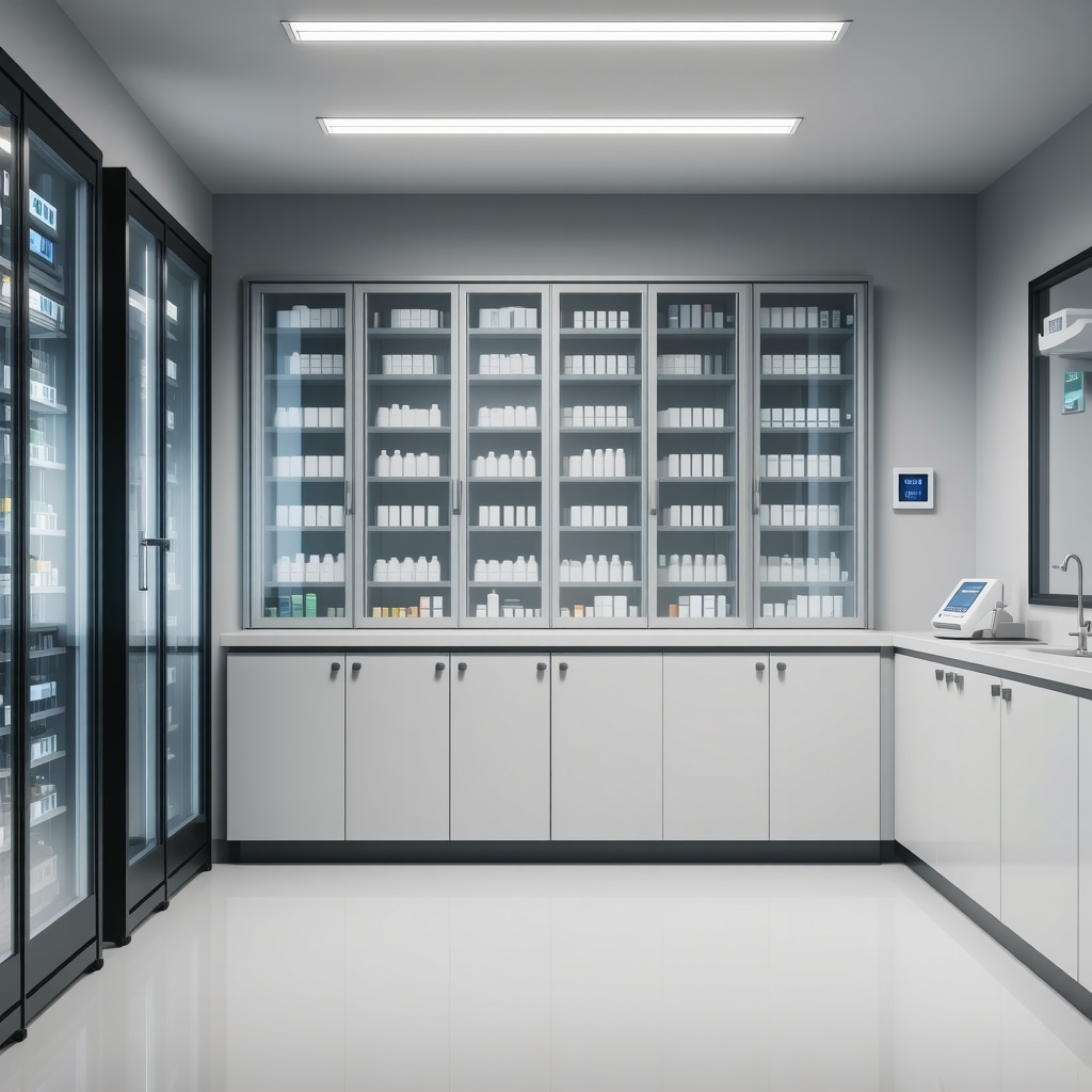 Modern storage room with IoT-enabled refrigerators and sensors ensuring medication stability