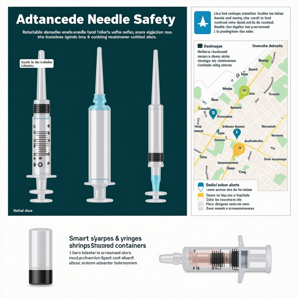 Illustration of safety-engineered syringes, smart sharps container, and injection site mapping for weight loss injections