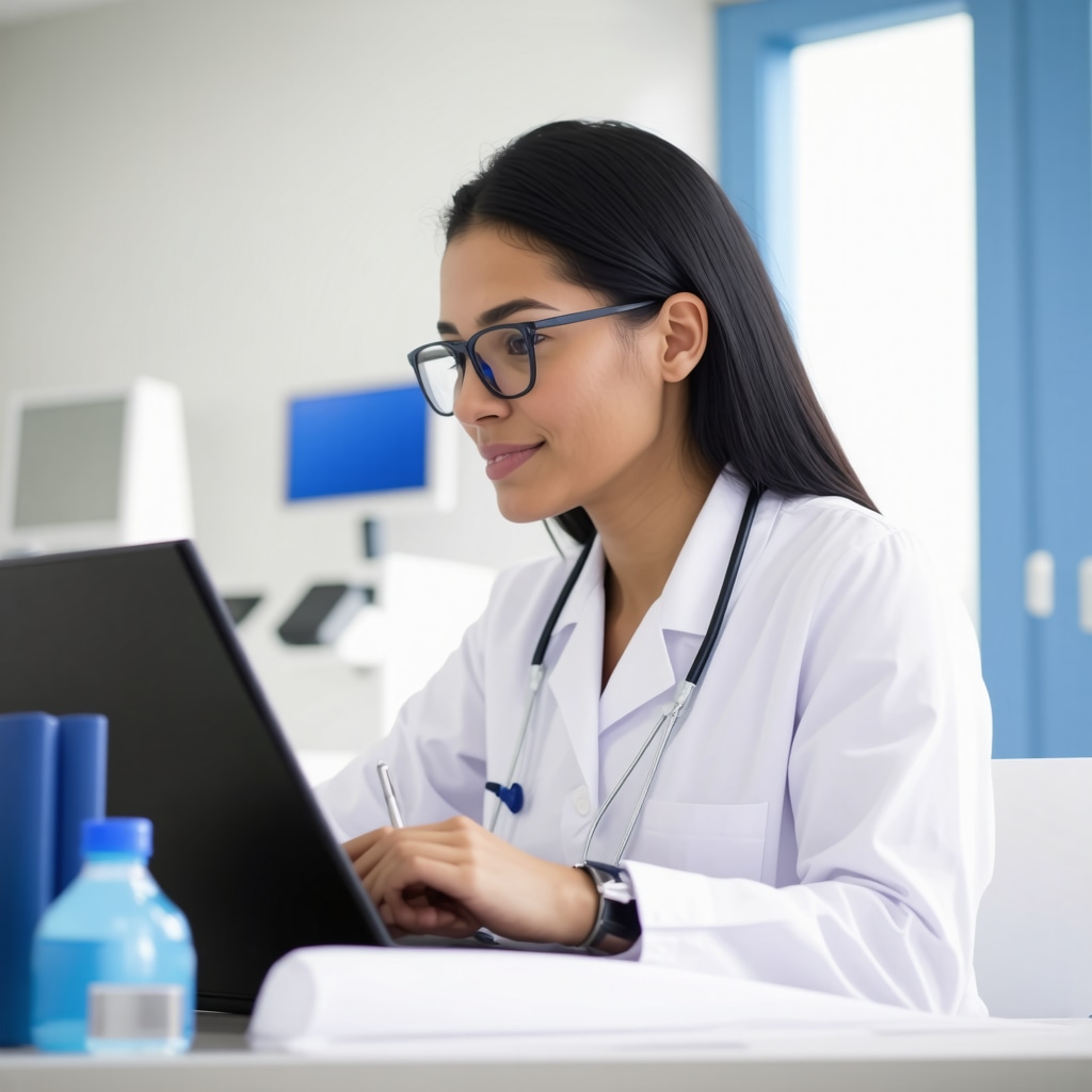 Doctor analyzing safety data on a tablet in a healthcare environment