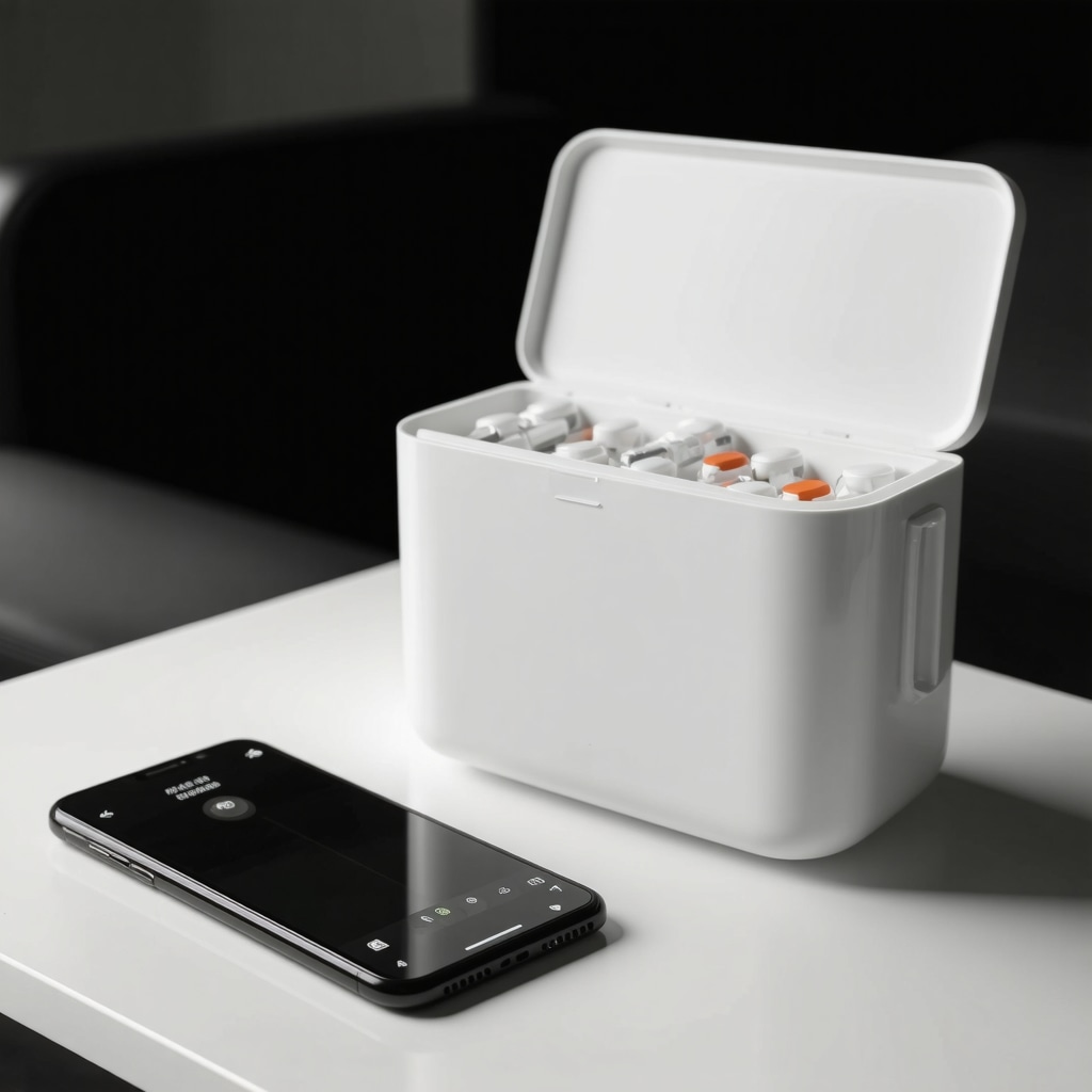 Travel kit featuring phase-change material cooler, smartphone with medication app, and injection supplies in airport setting