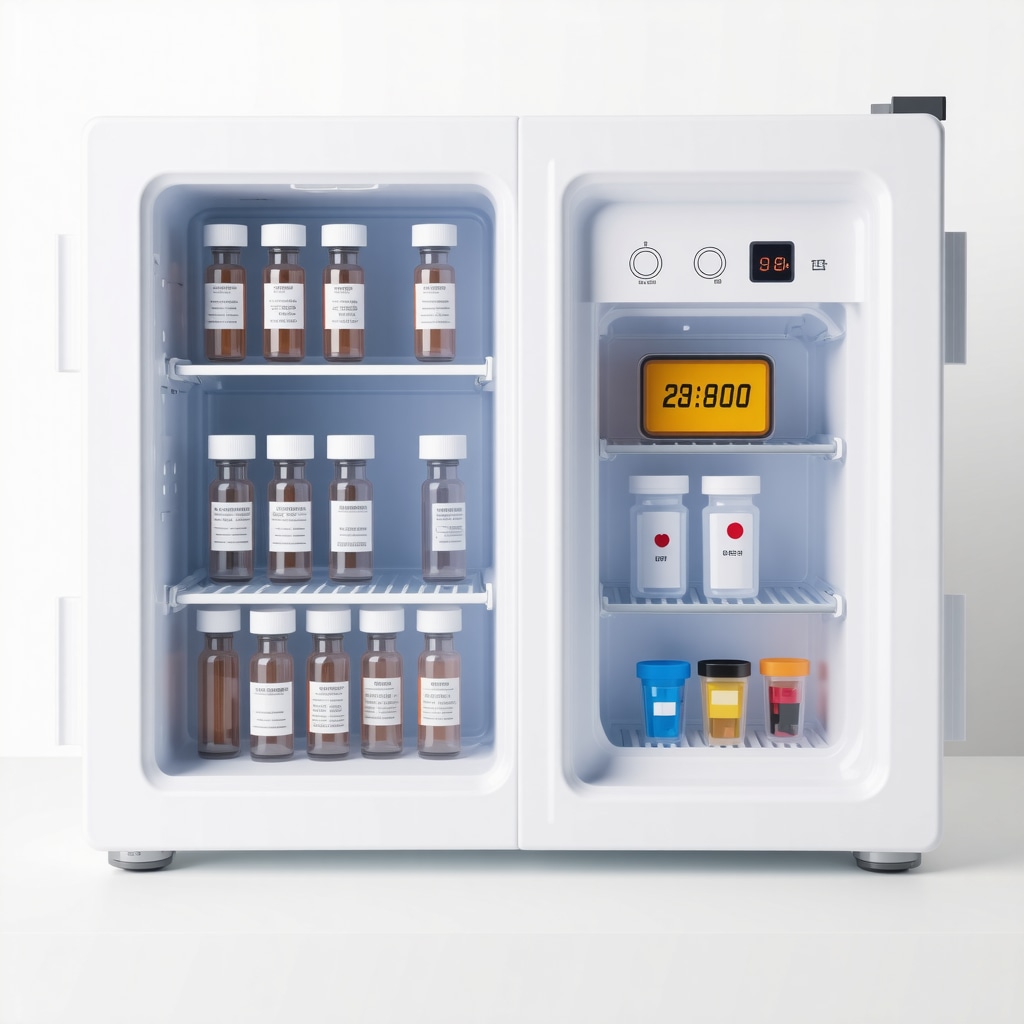 Medical-grade mini-fridge with temperature controls and organized medication vials.