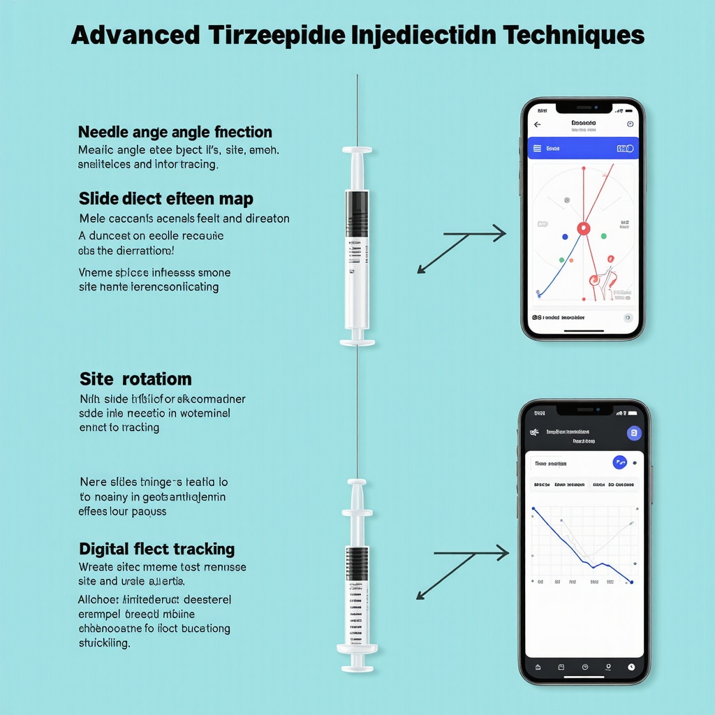 Infographic illustrating proper tirzepatide injection angles, site rotation, and smartphone app for side effect monitoring
