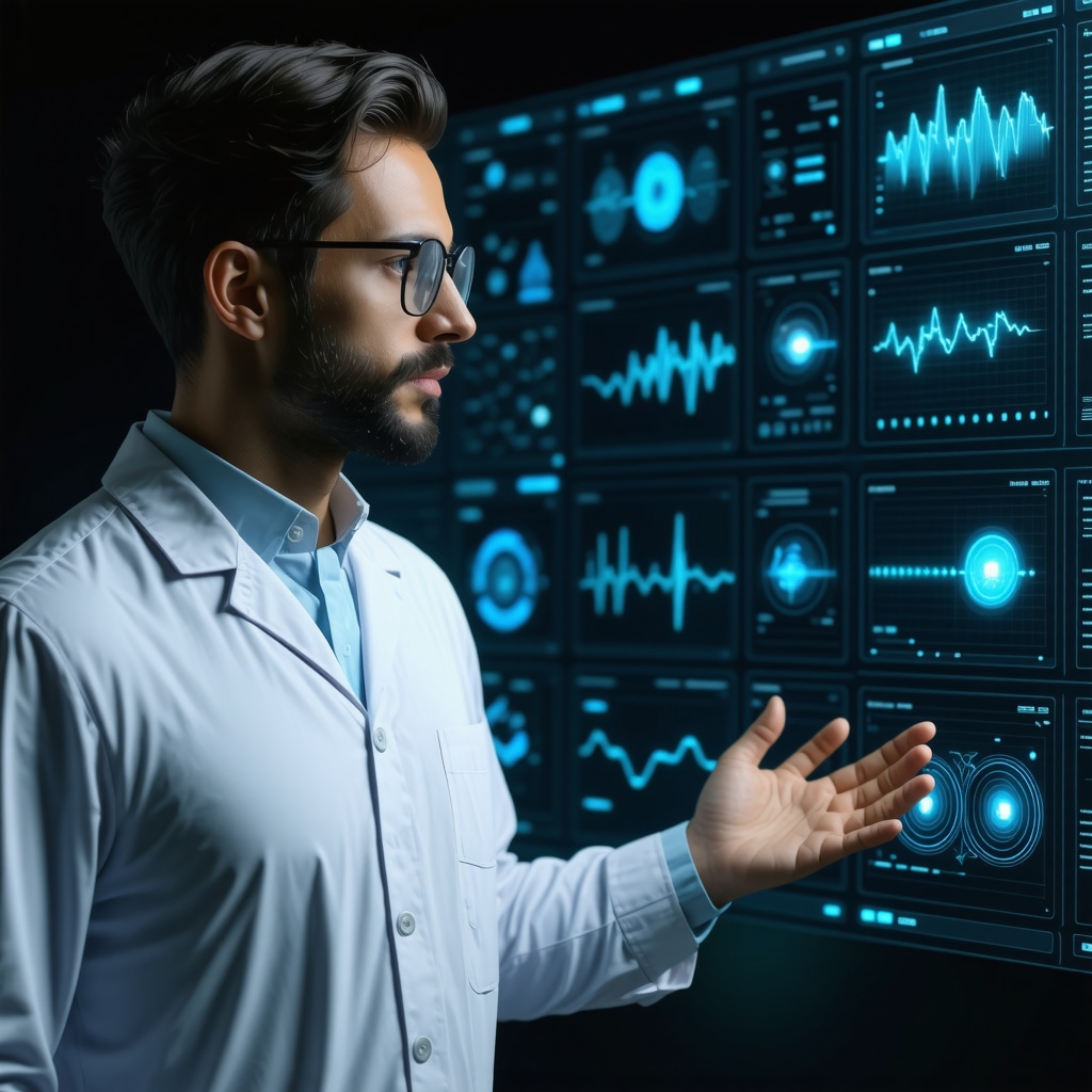 Futuristic digital health dashboard showing biofeedback, genomics, and digital twin data for personalized weight management