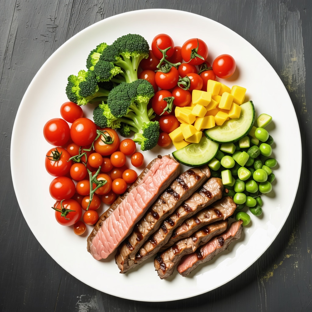 Healthy plate with lean protein, vegetables, and healthy fats for weight management.